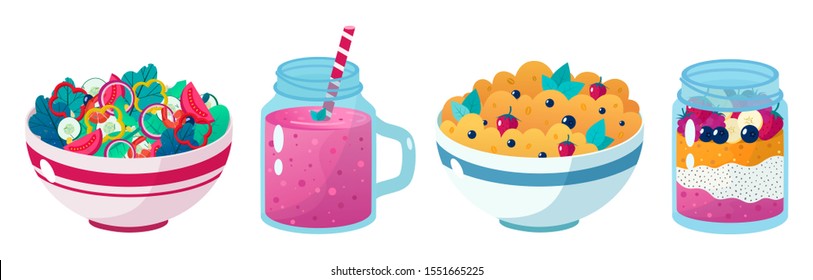 Set of four beatiful healthy food vector illustrations: vegetable salad, oatmeal with cup of tea. Healthy eating