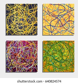 Set of four beautiful abstract backgrounds  with moving colorful lines. Bright background of curves lines with a lot of colors. Vector illustration.