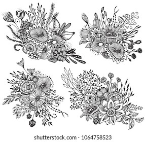 Set of four beautiful fantasy bouquets with hand drawn flowers, plants, branches. Black and white vector illustration