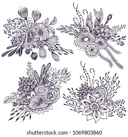 Set of four beautiful fantasy bouquets with hand drawn flowers, plants, branches. Black and white vector illustration