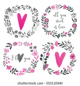 Set of four beautiful floral wreaths. Love lettering. Perfect for valentines day, stickers, birthday, save the date invitation.