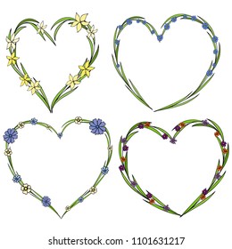 Set of four beautiful flower wreaths in the shape of a heart. Elegant flower collection with leaves and flowers. Design of invitations, wedding or greeting cards.