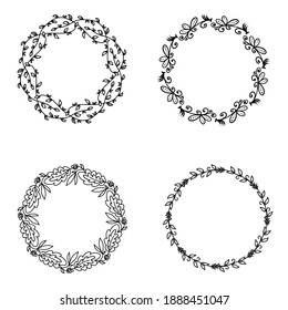 A set of four beautiful frames of wreaths with place for text. Black and white vector illustration of different isolated wreaths for invitations, greeting cards, print.