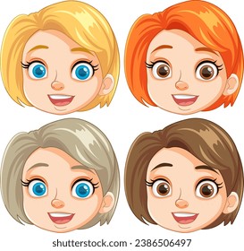 A set of four beautiful girls with short hair in different colors, all smiling happily