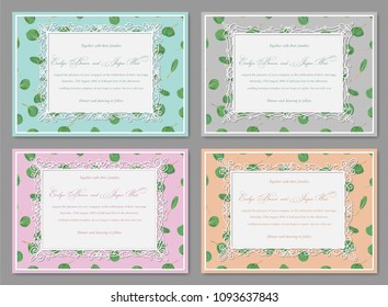 Set of four beautiful invitation with a rectangular frame with curls on a background of green eucalyptus leaves. Watercolor pattern vector.
