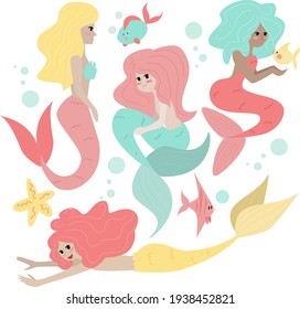 Set of four beautiful mermaid kids 