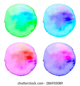 Set of four Beautiful rainbow watercolor hand painted circle shape design elements. Watercolor circles. Watercolor stains set isolated on white background. Vector illustration