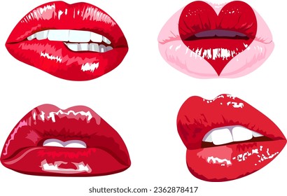 Set of four beautiful red shiny female lips Vector