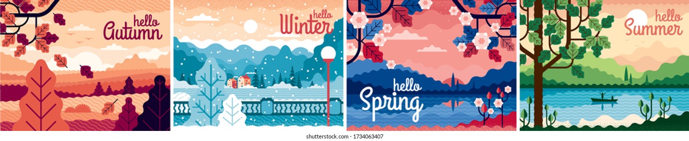 Set of four beautiful seasons vector illustrations: summer, spring, winter, autumn. Trendy style banners. Flat graphic picture can be used for gift card, flyer, postcard, poster, cover.