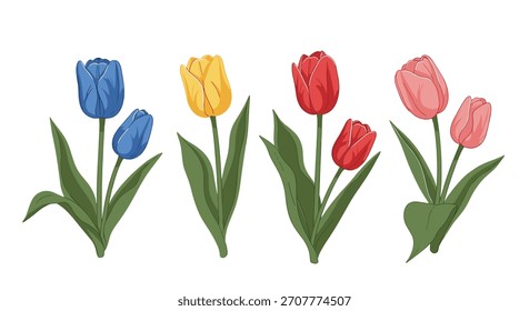 Set of four beautiful spring tulip bouquets in blue yellow red and pink colors isolated on a clean white background.