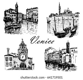 A set of four beautiful  cityscape  In venice, sketch ink manually drawn vector illustration