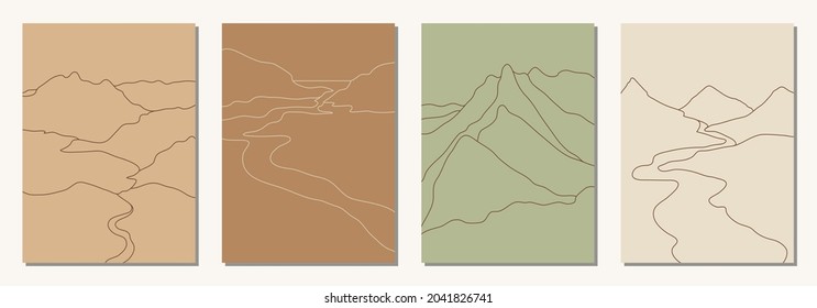 Set of four beautiful vertical abstract minimal landscapes, backgrounds or card templates in modern colors, vector illustration in popular art style