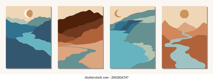 Set of four beautiful vertical abstract minimal landscapes, backgrounds or card templates in modern colors, vector illustration in popular art style