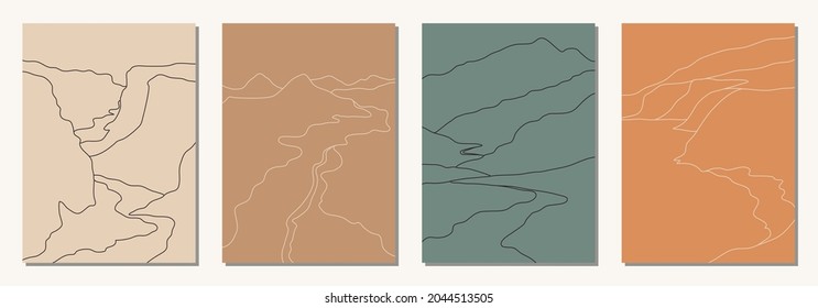 Set of four beautiful vertical abstract minimal landscapes, backgrounds or card templates in modern colors, vector illustration in popular art style