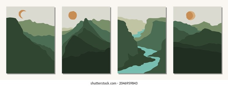 Set of four beautiful vertical abstract minimal landscapes, backgrounds or card templates in modern colors, in popular art style