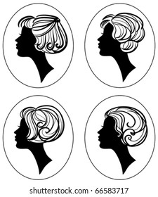 set of four beautiful woman silhouette with stylish hairstyle vector illustration