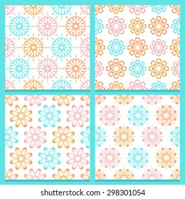Set of four beautifully composed  joyful feminine vintage patterns, bright blue, pink and orange repeated abstract geometric flowers on white background.