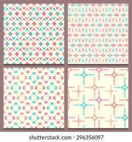 Set of four beautifully composed vintage patterns, bright blue, pink and orange repeated abstract geometric elements on creamy white background.
