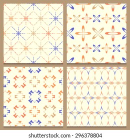 Set of four beautifully composed vintage patterns, bright violet, beige and orange repeated abstract geometric elements on creamy white background.
