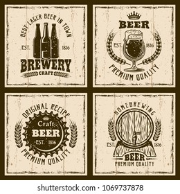 Set of four beer vector emblems, labels, badges or prints on background with grunge textures