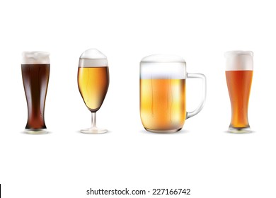 Set of four beers in dewy glasses - isolated on white background. Realistic vector illustration.