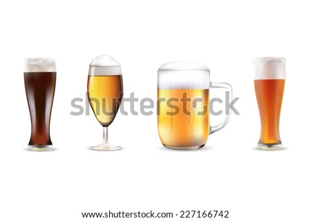 Set of four beers in dewy glasses - isolated on white background. Realistic vector illustration.