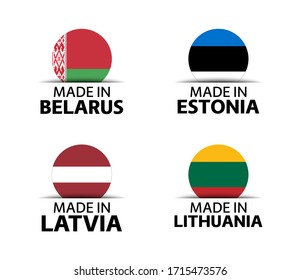 Set of four Belarussian, Estonian, Latvian and Lithuanian stickers. Made in Belarus, Made in Estonia, Made in Latvia and Made in Lithuania. Simple icons with flags isolated on a white background
