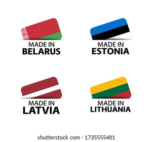 Set of four Belarussian, Estonian, Latvian and Lithuanian stickers. Made in Belarus, Made in Estonia, Made in Latvia and Made in Lithuania. Simple icons with flags isolated on a white background