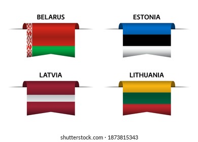 Set of four Belarussian, Estonian, Latvian and Lithuanian ribbons. Made in Belarus, Made in Estonia, Made in Latvia and Made in Lithuania stickers and labels. Vector simple icons with flags