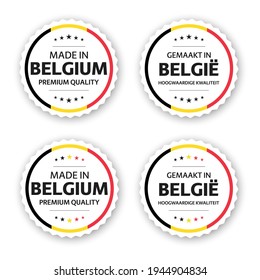 Set of four Belgian labels. Made in Belgium In Dutch Gemaakt in België. Premium quality stickers and symbols with stars. Simple vector illustration isolated on white background