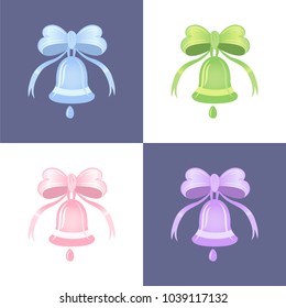 Set of four bells. Vector illustration. Pink, blue, green and violet colors.