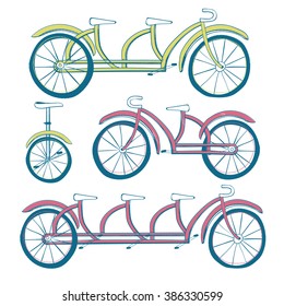 Set Of Four Bicycles. Unicycle, Tricycle, Tandem Bike, Bicycle. Vector Illustration