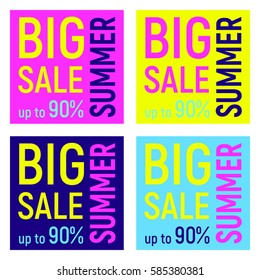 Set of four Big sale banner, geometric background with different geometric shapes - triangles, circles, dots, lines. Memphis style. Bright and colorful, 90s style. Vector illustration. Neon colors