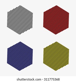 Set of four of the big striped black and white polygons with six corners white with black, red and black, blue and black, yellow and black