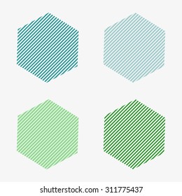Set of four of the big striped black and white polygons with six corners white with aquamarine, green, white, light green, light gray aquamarine