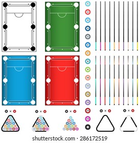 Set of four billiard tables in green, black and white, red, blue colors, balls, cue, triangle isolated on a white background. Editable parts illustration. 