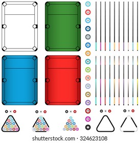 Set of four billiard tables in green, black and white, red, blue colors, balls, cue, triangle isolated on a white background. Editable parts illustration