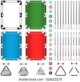 Set of four billiard tables in green, black and white, red, blue colors, balls, cue, triangle isolated on a white background. Editable parts illustration