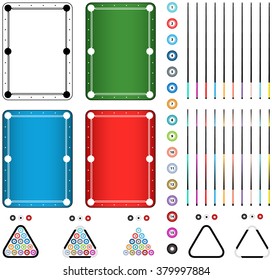 Set of four billiard tables in green, black and white, red, blue colors, balls, cue, triangle isolated on a white background