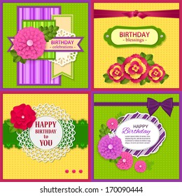Set of four birthday backgrounds with paper flowers and scrapbook elements. Vector illustration