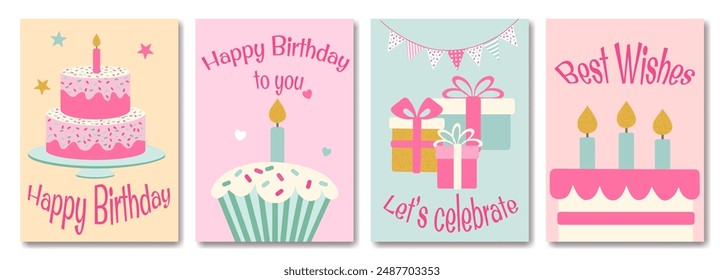 A set of four birthday cards with a cake, candles, and gifts. The cards are pink and feature a happy birthday message