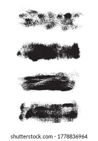 Set of four black abstract textures from paint brush, transparent background. Noise, grain, grunge texture. For overlay, montage, shading or brushes. Abstract vector illustration. Easy to recolor.