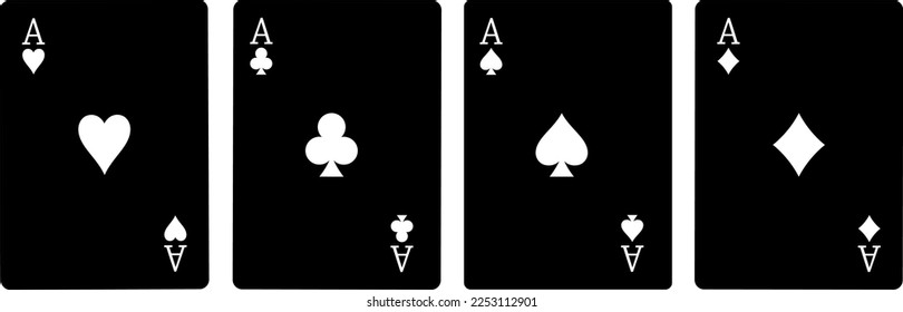 Set of four black aces playing cards suits. Winning poker hand. Set of hearts, spades, clubs, and diamonds ace	