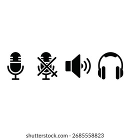 Un conjunto de cuatro iconos de audio negros: un micrófono, un micrófono silenciado, un altavoz con sonido y auriculares, aislados sobre un fondo blanco.