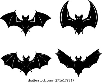 A set of four black bat silhouettes in various flying positions, showcasing unique wing shapes and angles on a clean white background, ideal for design and decoration.