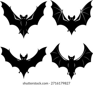 Un conjunto de cuatro siluetas de murciélago negro con varias posiciones de ala y Orientaciones sobre un fondo blanco, mostrando diferentes poses voladoras y detalles.