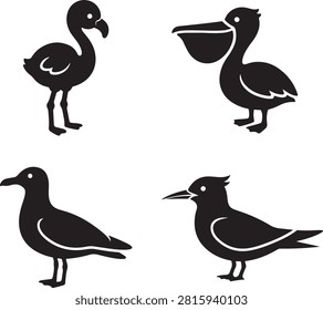 Set of four black bird silhouettes including flamingos, pelicans, and seagulls on a plain white background