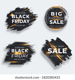 Set of four black brush strokes with flare. Black friday vector sale templates. Grunge abstract black rough brush strokes