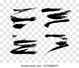 Set of four black brush strokes. Hand drawn ink spots isolated on transparent background. Vector illustration