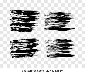 Set of four black brush strokes. Hand drawn ink spots isolated on transparent background. Vector illustration